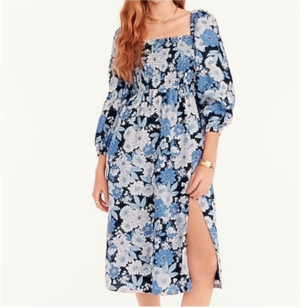 J.Crew Midi Dress Womens M Blue Floral Smocked Linen Square Neck Side Slit